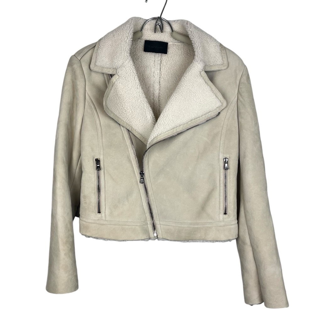 Robert Comstock Beige Sherpa Lined Leather Moto Jacket